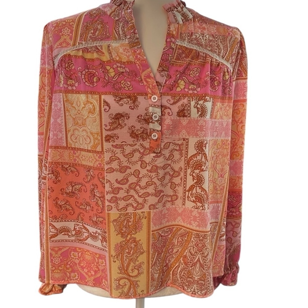 Fate Parker Patchwork Bubble Sleeve Pink & Orange Women's Blouse Size Small